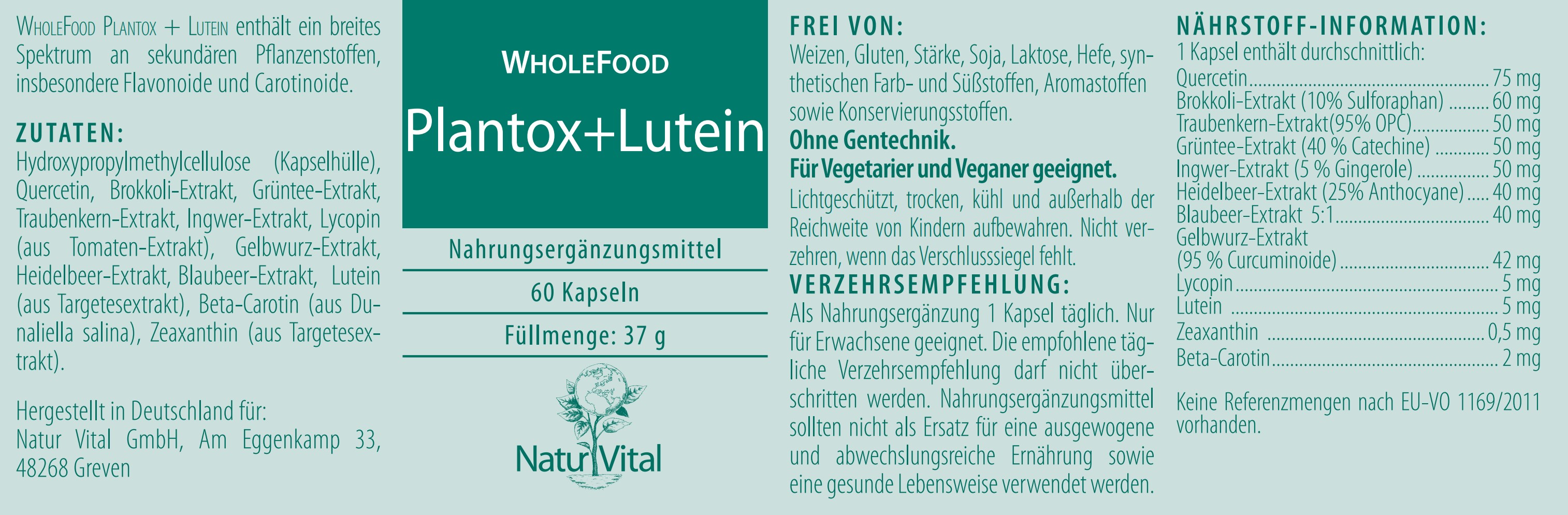 Plantox plus Lutein Natur Vital 60 Kapseln Etikett Plantox plus Lutein von Natur Vital beinhaltet 60 Kapseln Etikett