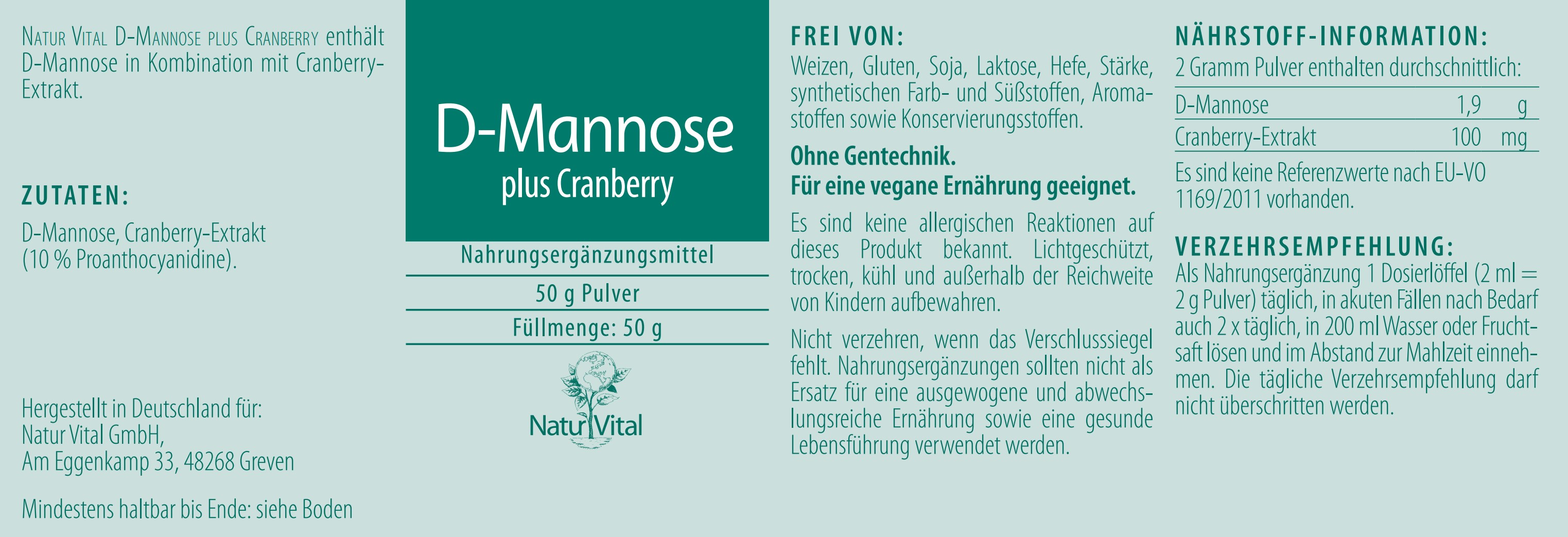 Natur Vital D-Mannose plus Cranberry, 50 g Mannose EAN: 4262512990217