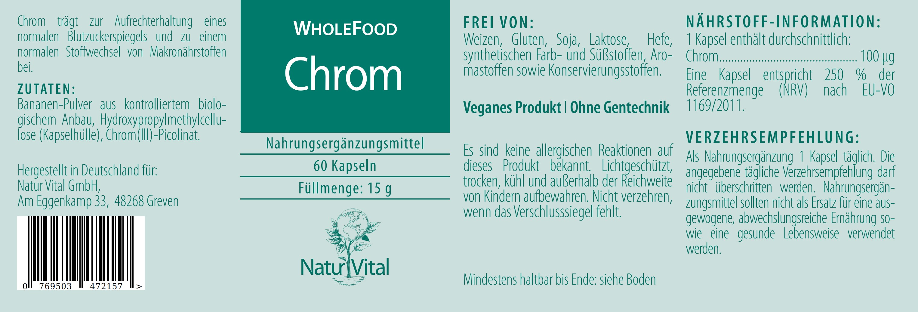 Etikett Chrom Senfextrakt Natur Vital 60 Kapseln Etikett Chrom mit Senfextrakt von Natur Vital beinhaltet 60 Kapseln