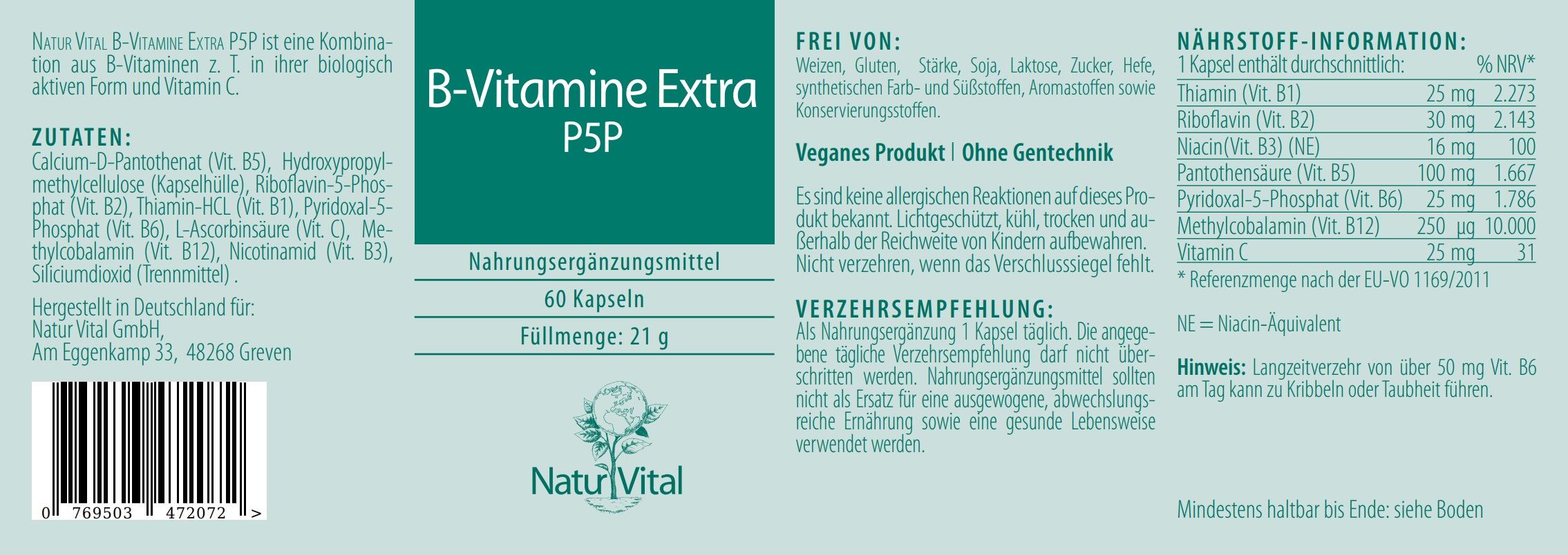 Natur Vital B-Vitamine Extra P5P, 60 Kapseln vitamin EAN: 4262512990125