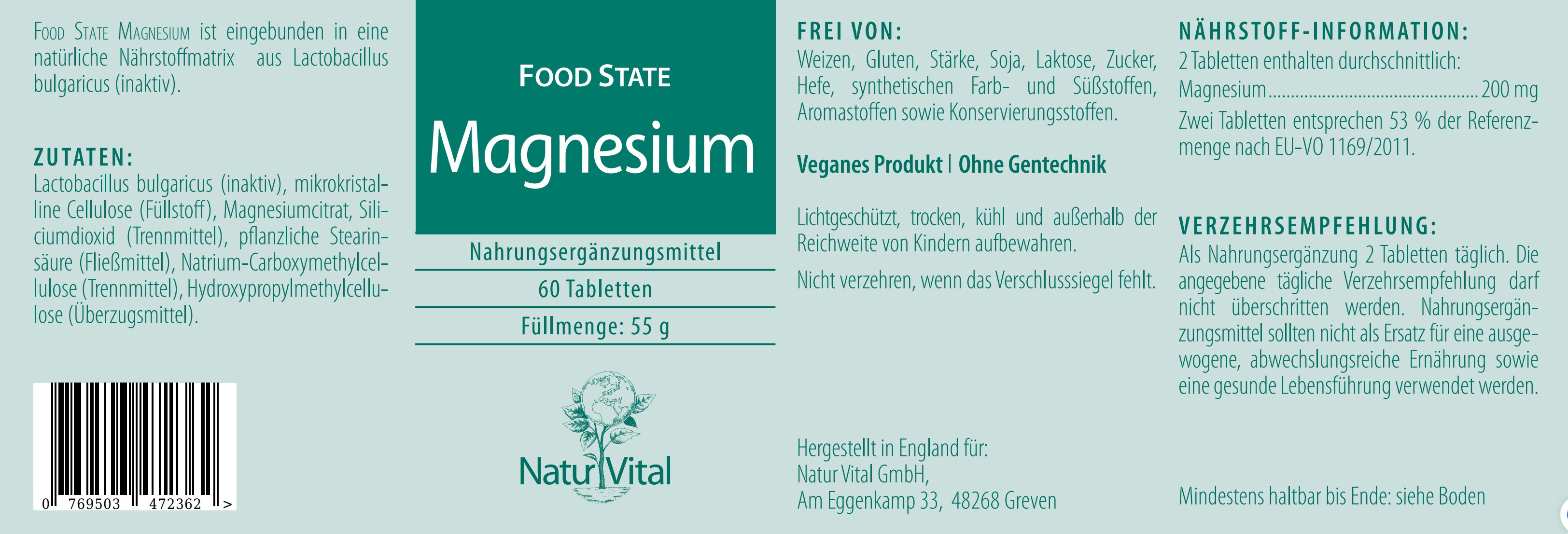 Etikett Magnesium von Natur Vital beinhaltet 60 Kapseln