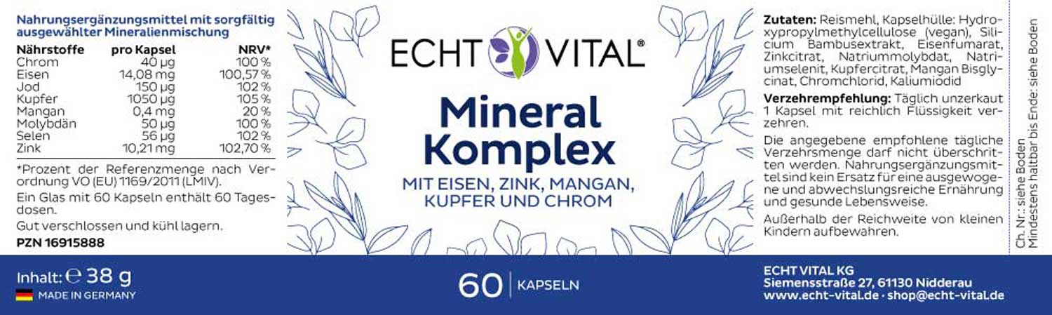 Etikett Mineral Komplex von Echt Vital beinhaltet 60 Kapseln