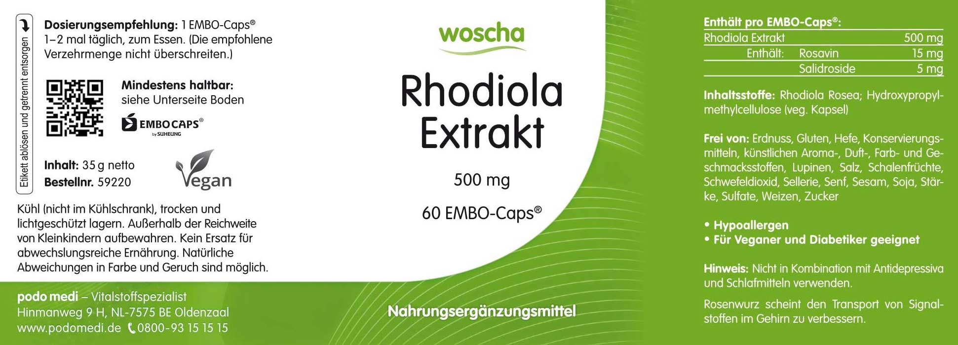Woscha Rhodiola Extrakt von podo medi beinhaltet 60 Kapseln Etikett