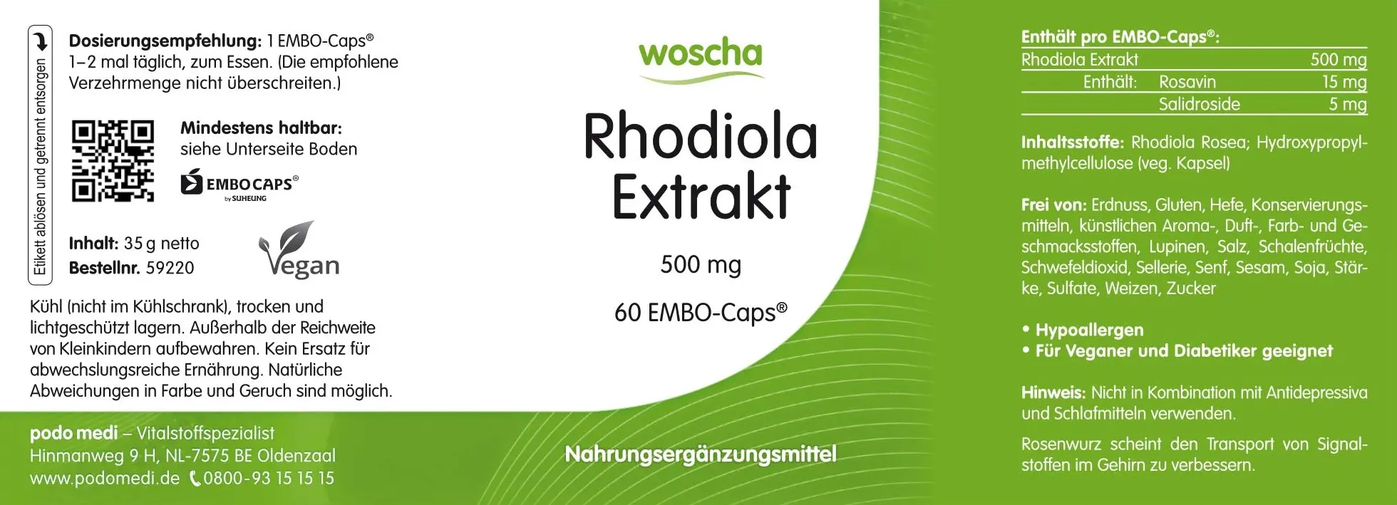 Woscha Rhodiola Extrakt, 60 Kapseln  EAN: 8717729190593