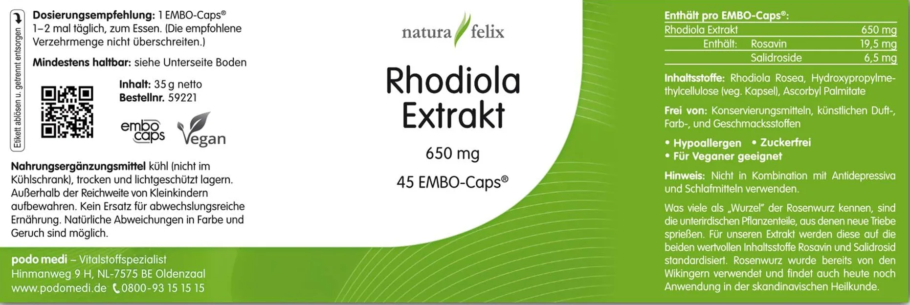 Natura Felix Rhodiola Extrakt, 45 Kapseln  EAN: 8717729190593