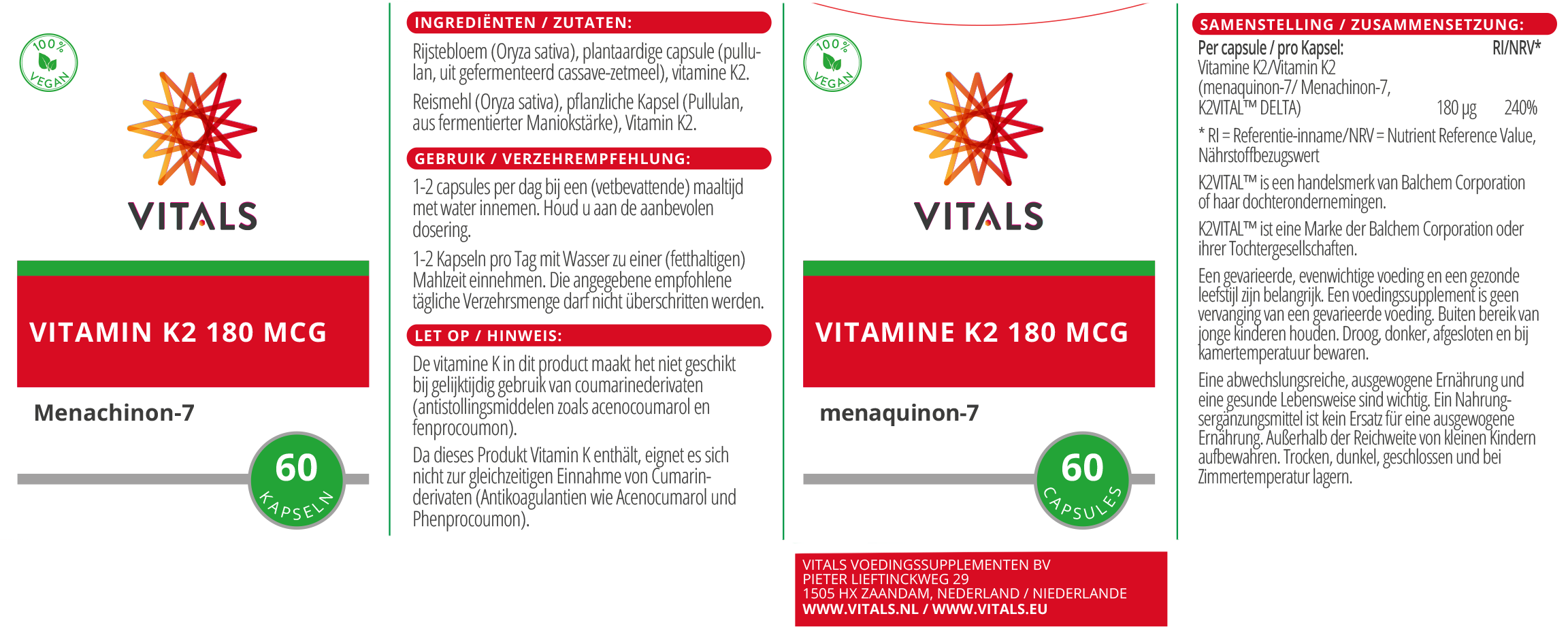 Vitals Vitamina K2 180 mcg, 60 capsule Osteoporose EAN: 8716717002474