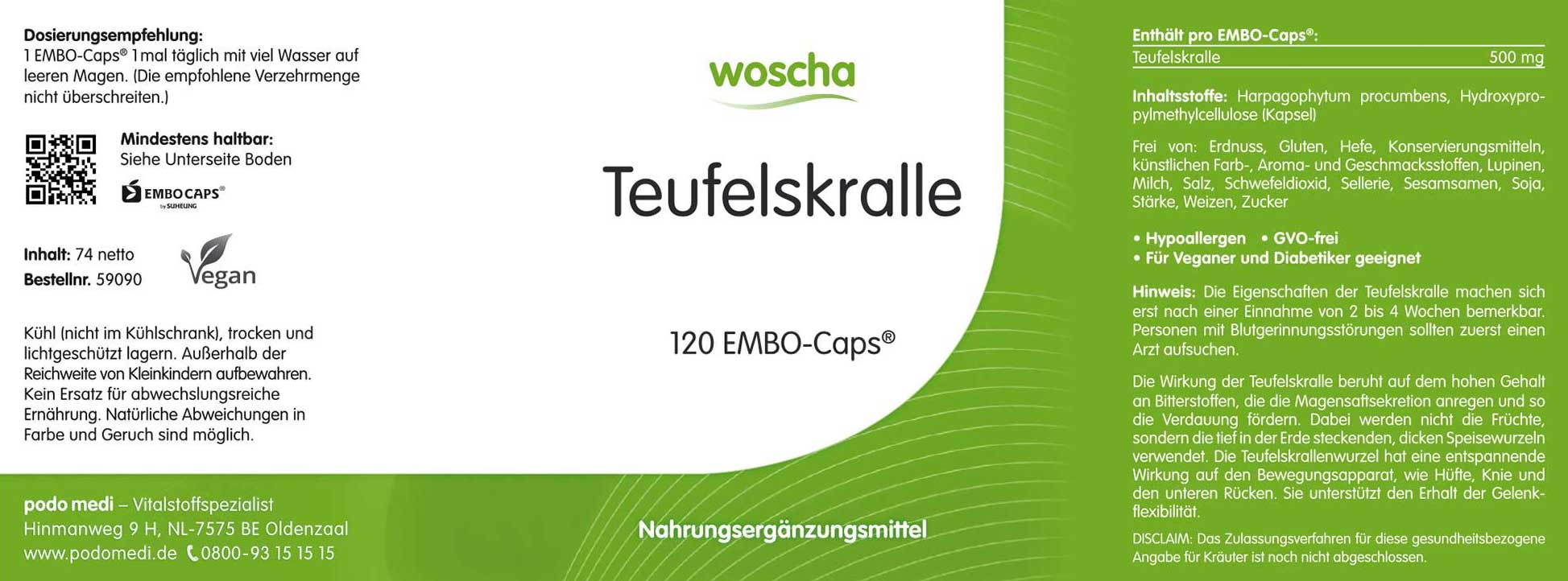 Woscha Teufelskralle podo medi 120 Kapseln Etikett Woscha Teufelskralle von podo medi beinhaltet 120 Kapseln Etikett