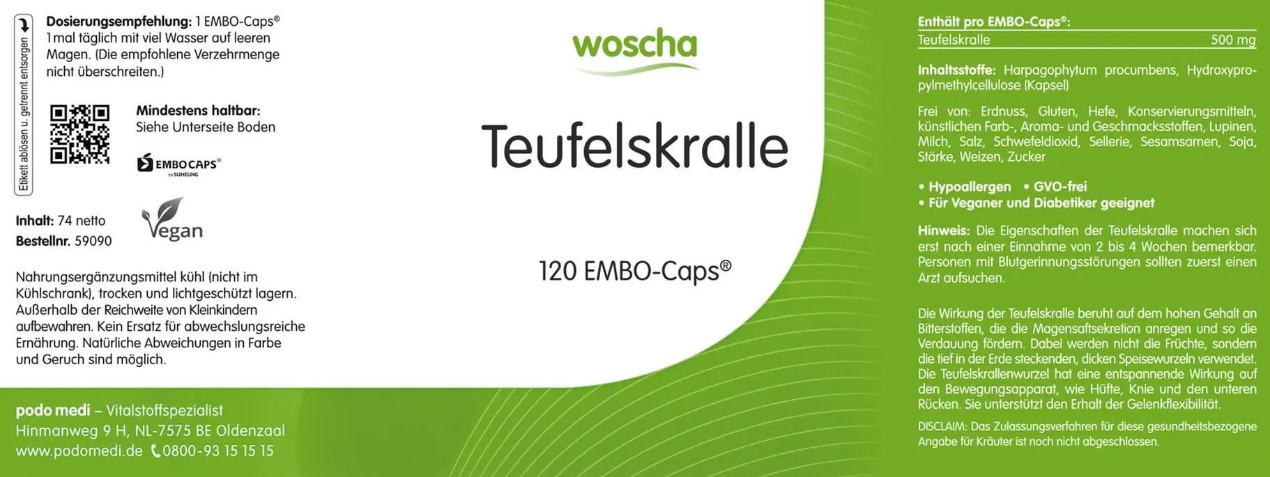 Woscha Teufelskralle von podo medi beinhaltet 120 Kapseln Etikett