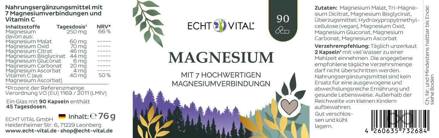Echt Vital Magnesium complex with vitamin C, 90 capsules Müdigkeit EAN: 4260635732684