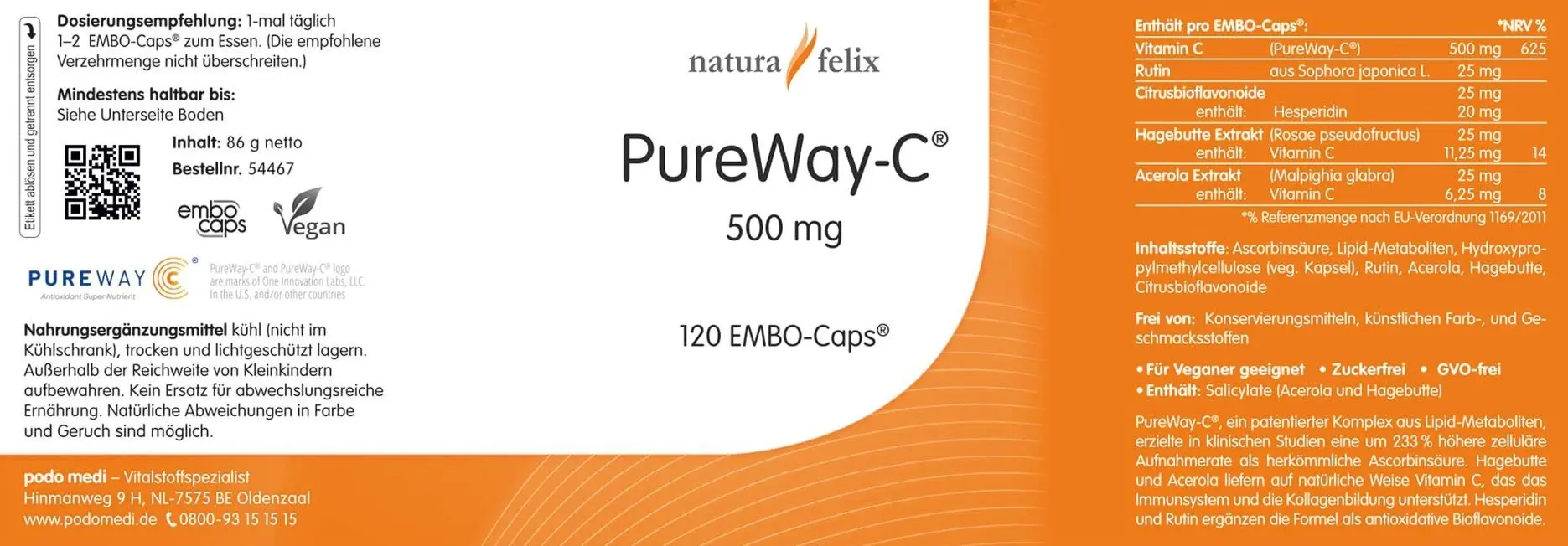 Woscha PureWay-C 500 mg con bioflavonoidi, 120 capsule  EAN: 8717729199534