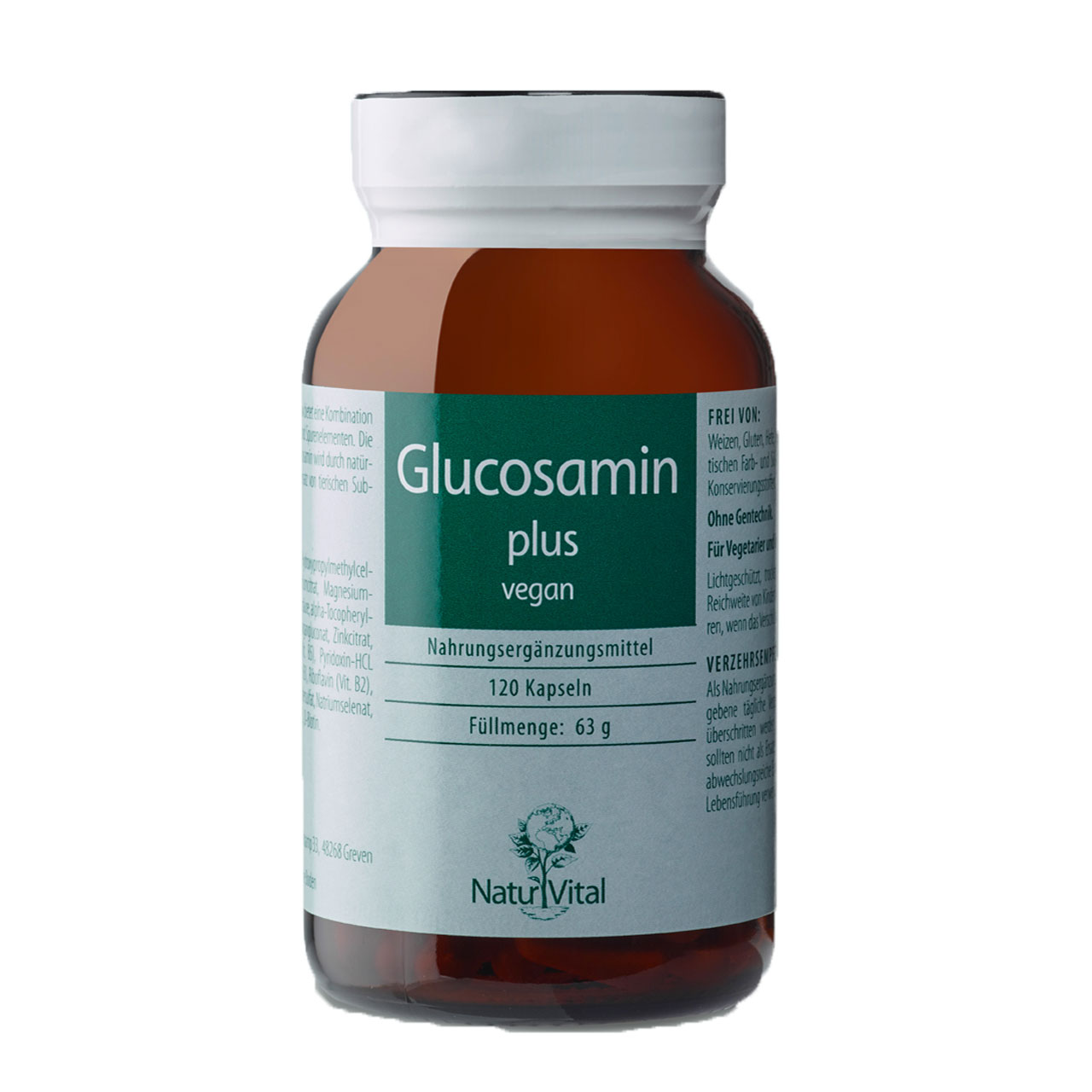 Glucosamin plus vegan von Natur Vital beinhaltet 120 Kapseln
