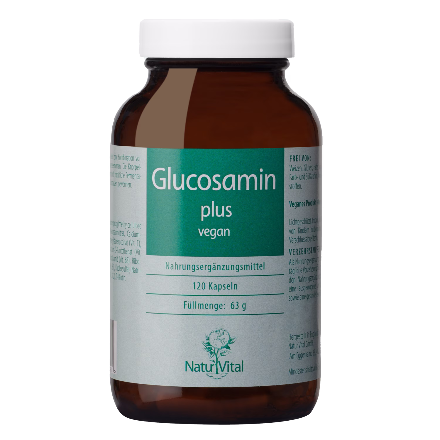 Glucosamin plus vegan von Natur Vital beinhaltet 120 Kapseln