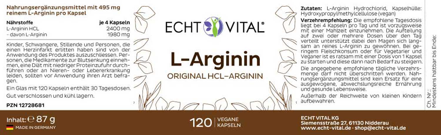 Etikett L-Arginin Kapseln von Echt Vital beinhaltet 120 vegane Kapseln