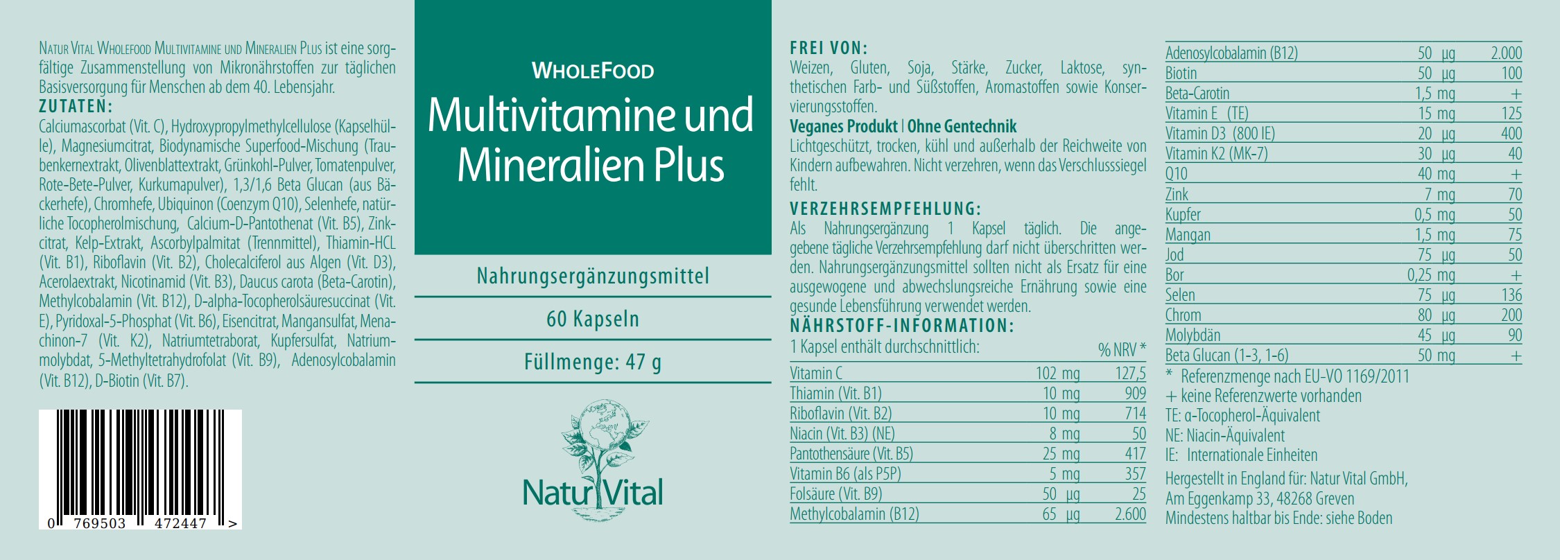 Multivitamine und Mineralien von Natur Vital Etikett