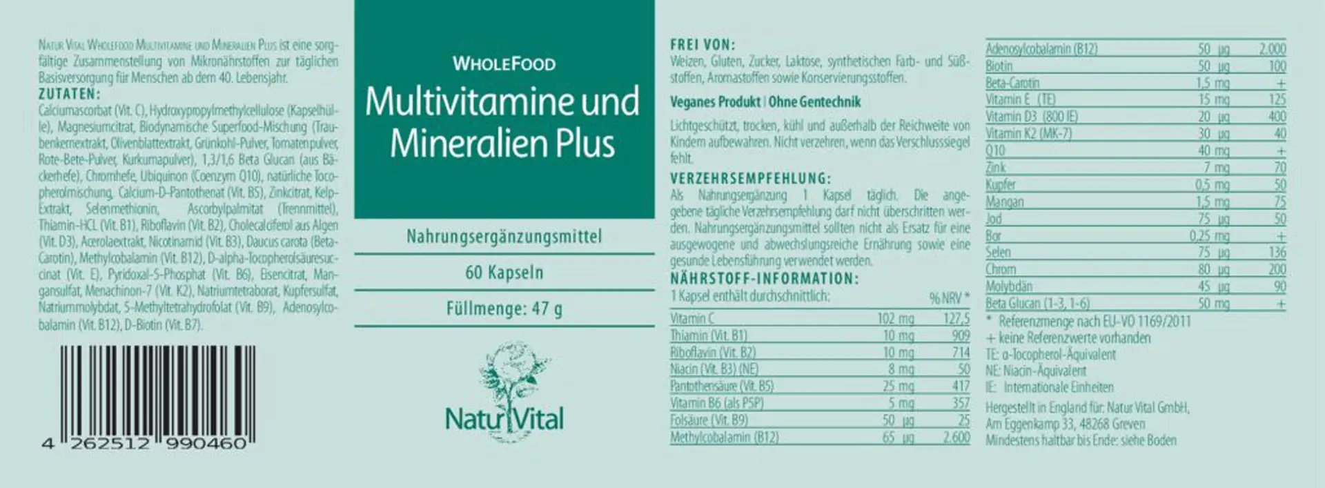 Natur Vital Multivitamine und Mineralien Plus, 60 Kapsel  EAN: 4262512990460