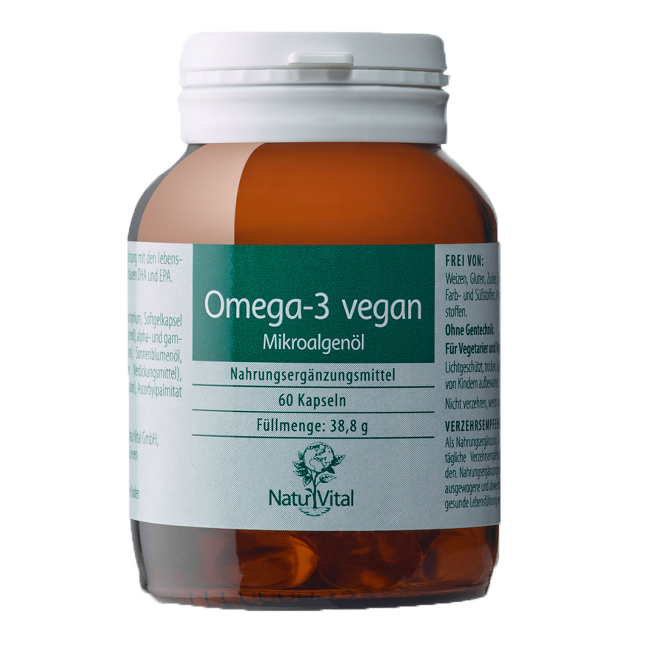 Omega 3 Vegan Algenöl von Natur Vital beinhaltet 60 Kapseln