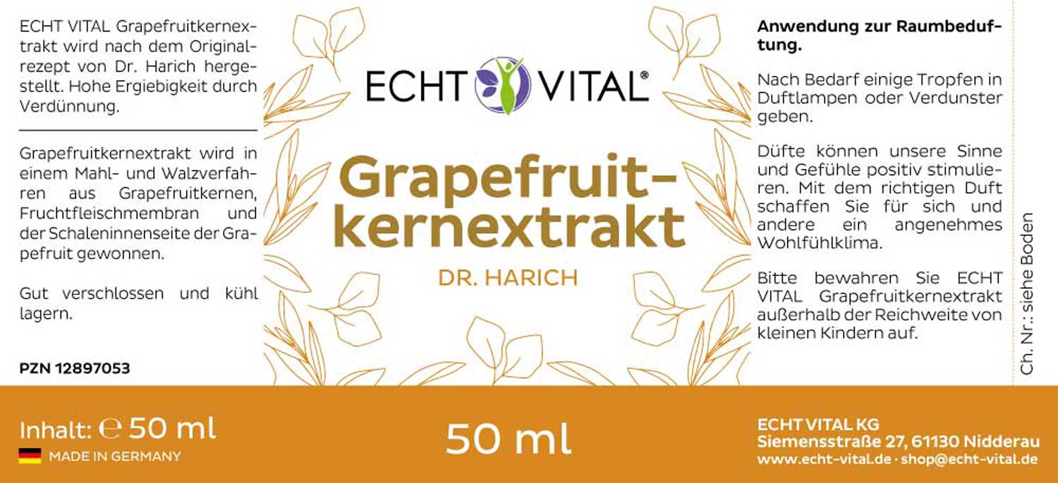 Etikett Grapefruitextrakt von Echt Vital beinhaltet 50 Milliliter