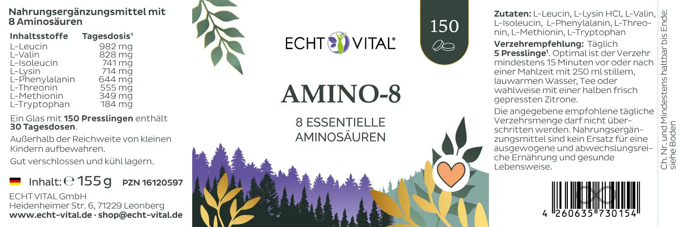 Echt Vital Amino-8 alle 8 essenziellen Aminosäuren, 150 Presslinge Muskelerhalt EAN: 4260635730154