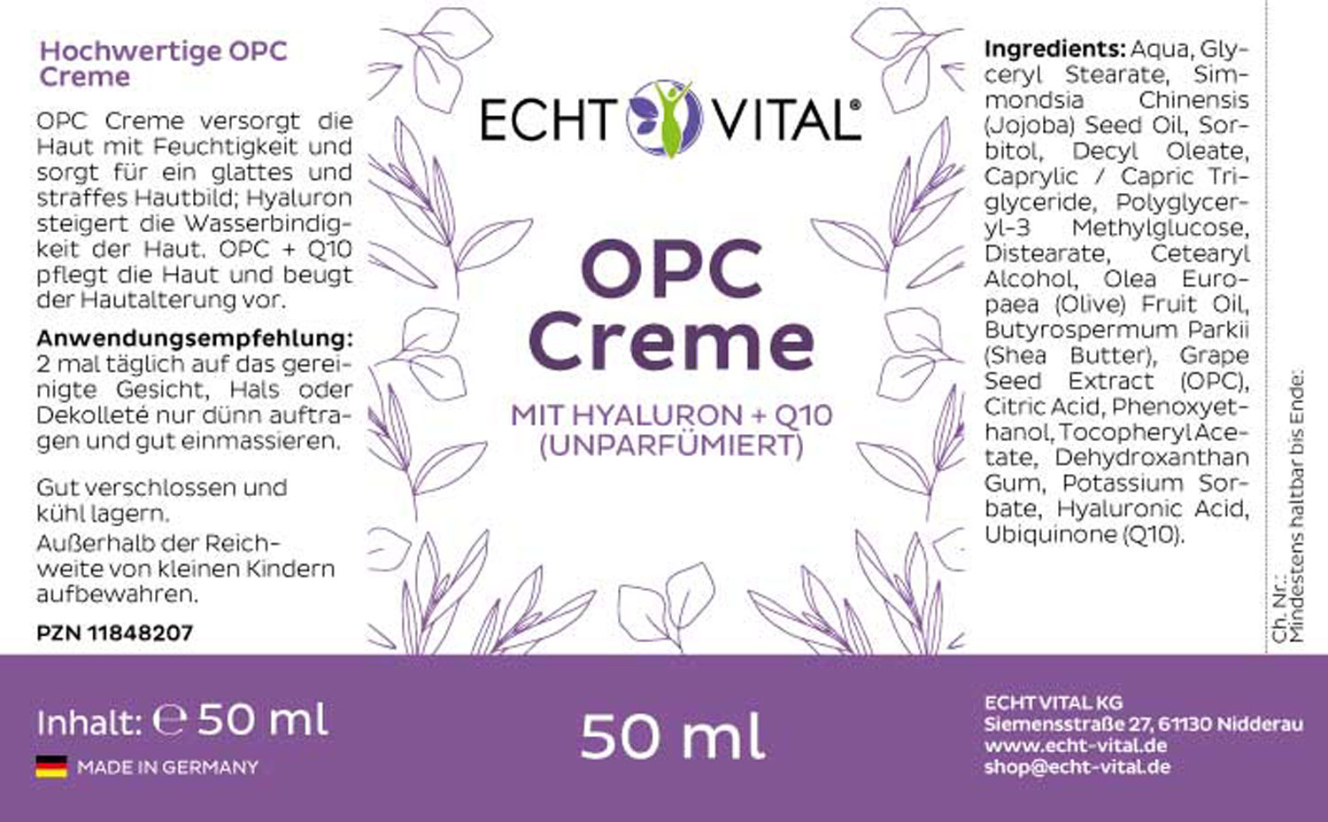 Etikett OPC Creme parfümfrei von Echt Vital in 50 Milliliter Packung