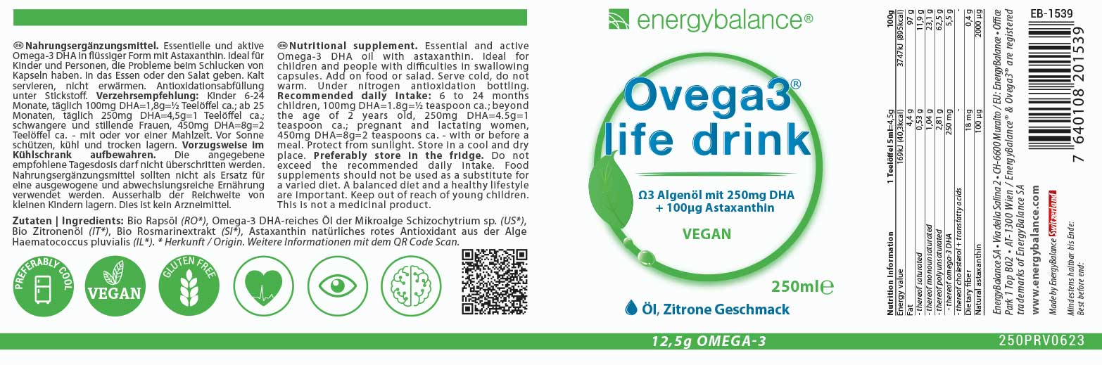 Ovega3 life drink DHA Algenöl, 250 ml