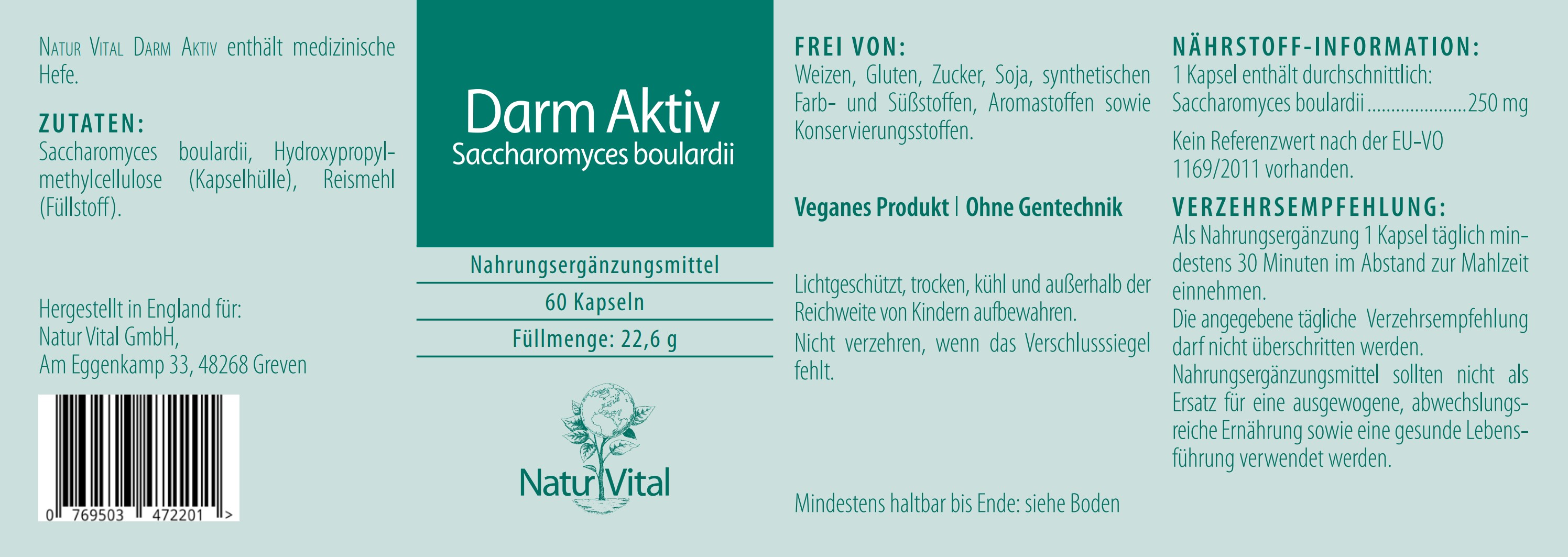 Natur Vital Darm Aktiv, 60 Kapseln Probiotika EAN: 4262512990194