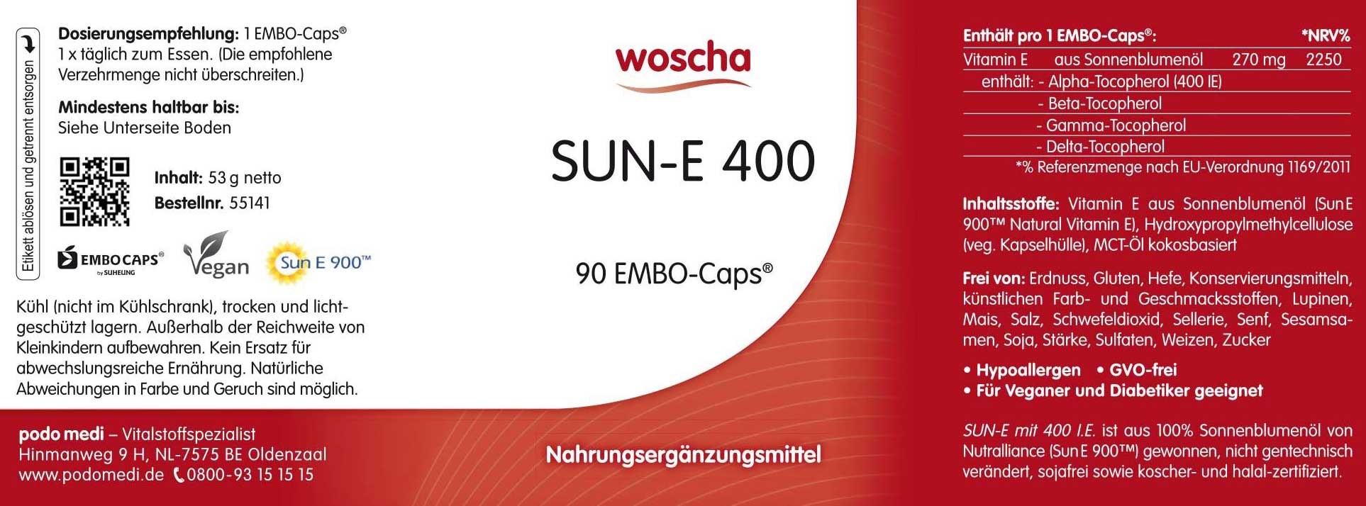 Woscha SUN-E 400 podo medi 90 Kapseln Etikett Woscha SUN-E 400 mit Tocotrienolen von podo medi beinhaltet 90 Kapseln Etikett