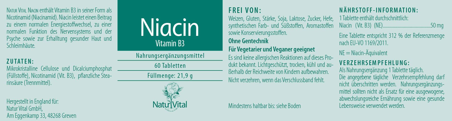 Niacin Vitamin B3 von Natur Vital beinhaltet 60 Tabletten Etikett