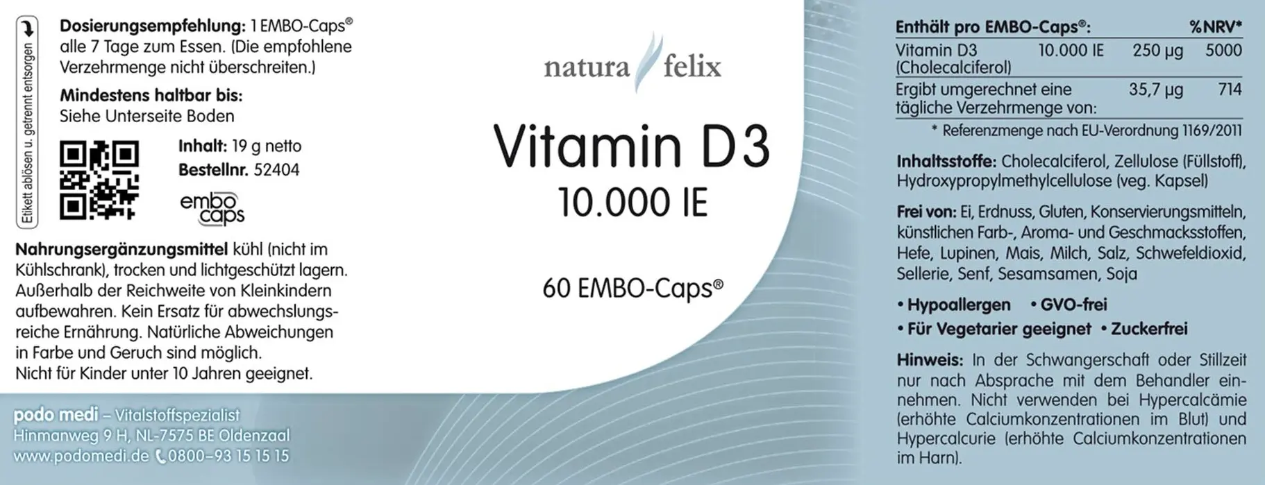 Natura Felix Vitamin D3 10.000 IE, 60 EMBO-Caps  EAN: 8717729190746