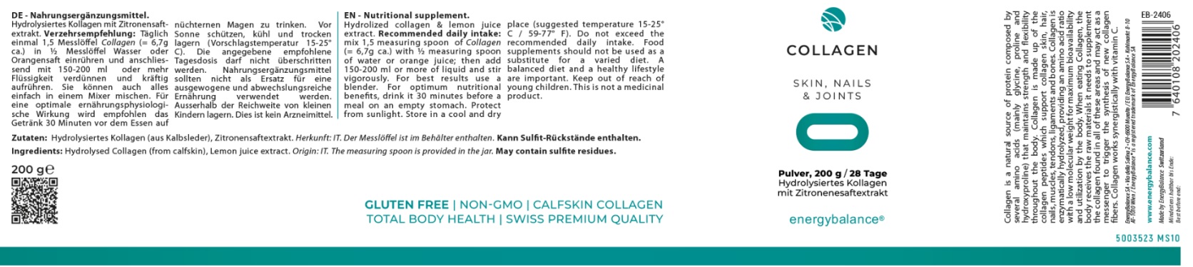 Collagen hydrolisiert Etikett von Energybalance Collagen hydrolisiert Etikett von Energybalance