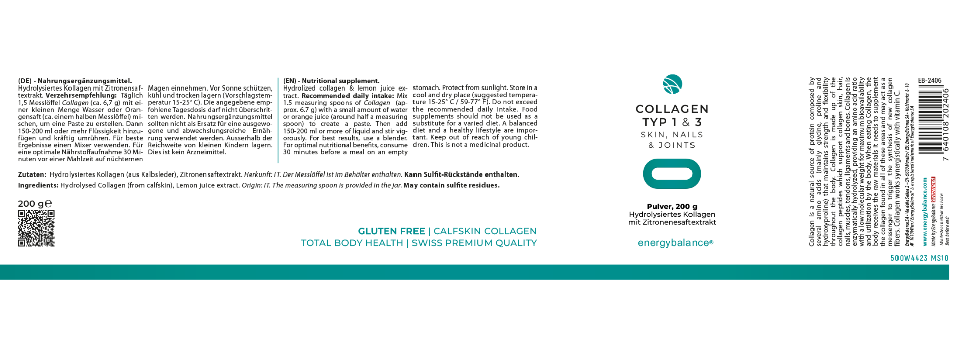 EnergyBalance Collagen Hydrolysiert, 200 g Knochenerkrankung EAN: 7640108202406
