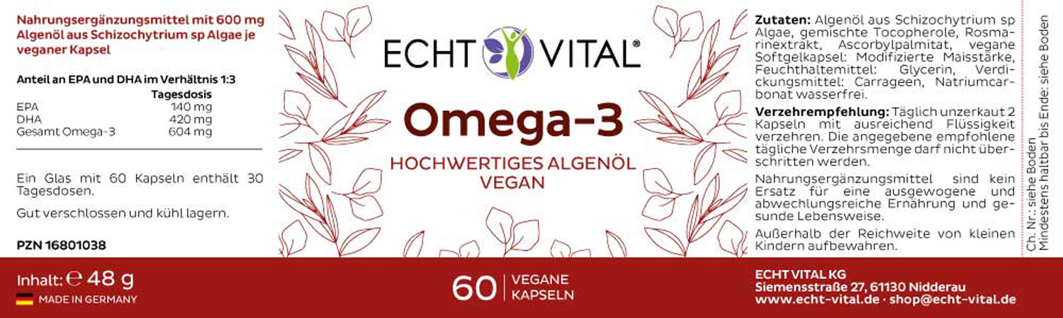 Etikett Vegane Omega 3 Kapseln von Echt Vital beinhaltet 60 Kapseln