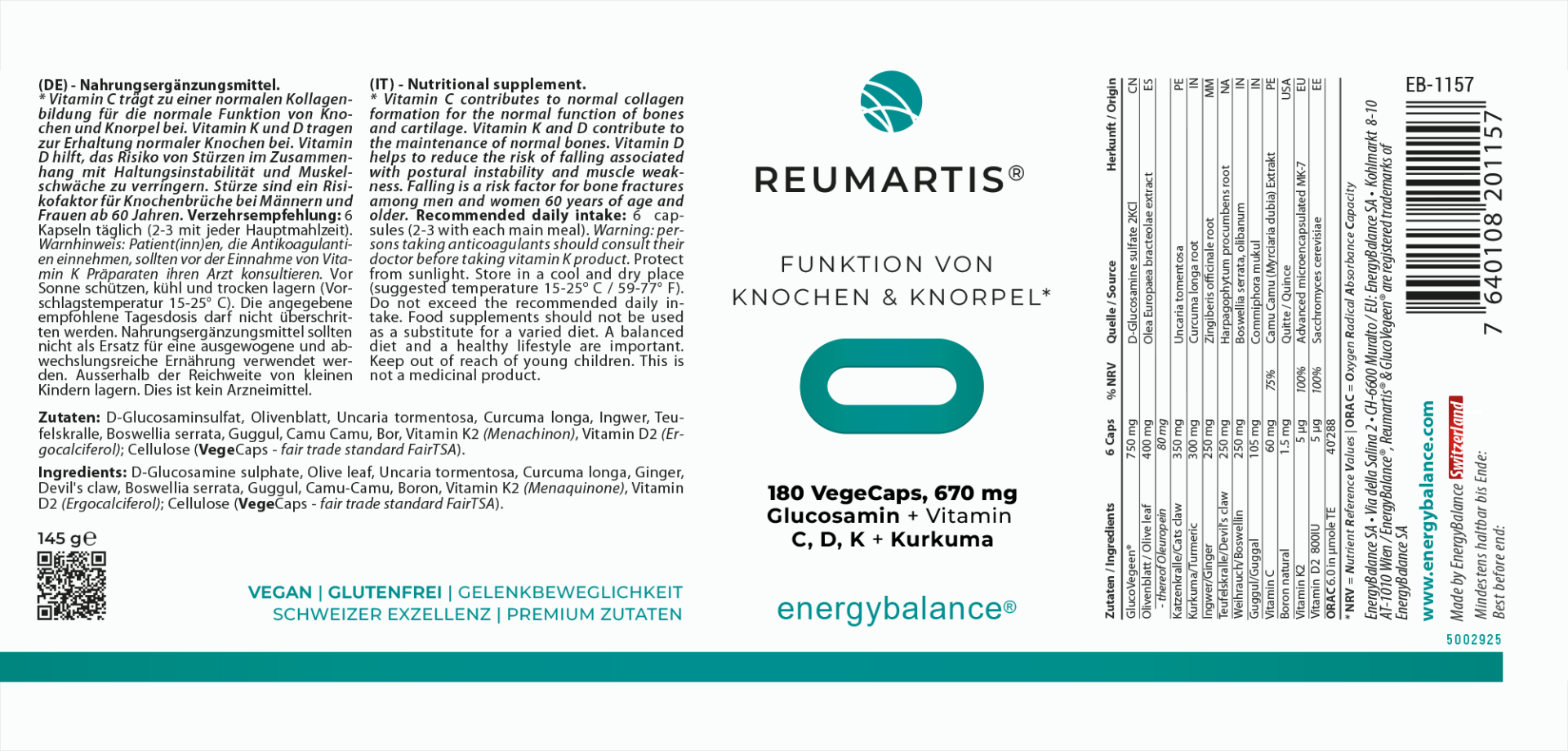 EnergyBalance Reumartis Antioxidant Vegan 670mg, 180 VegeCaps  EAN: 7640108201157