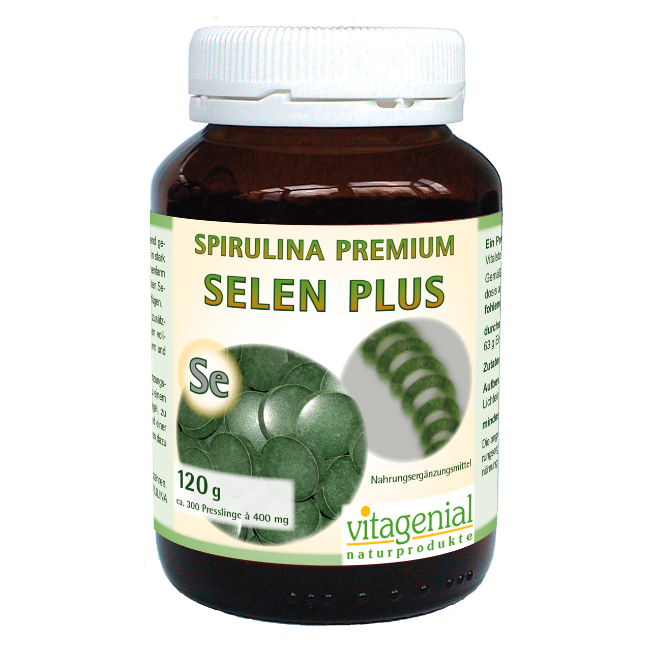 Vitagenial Spirulina Premium Selen Plus in 120 Gramm Version beinhaltet 300 Presslinge