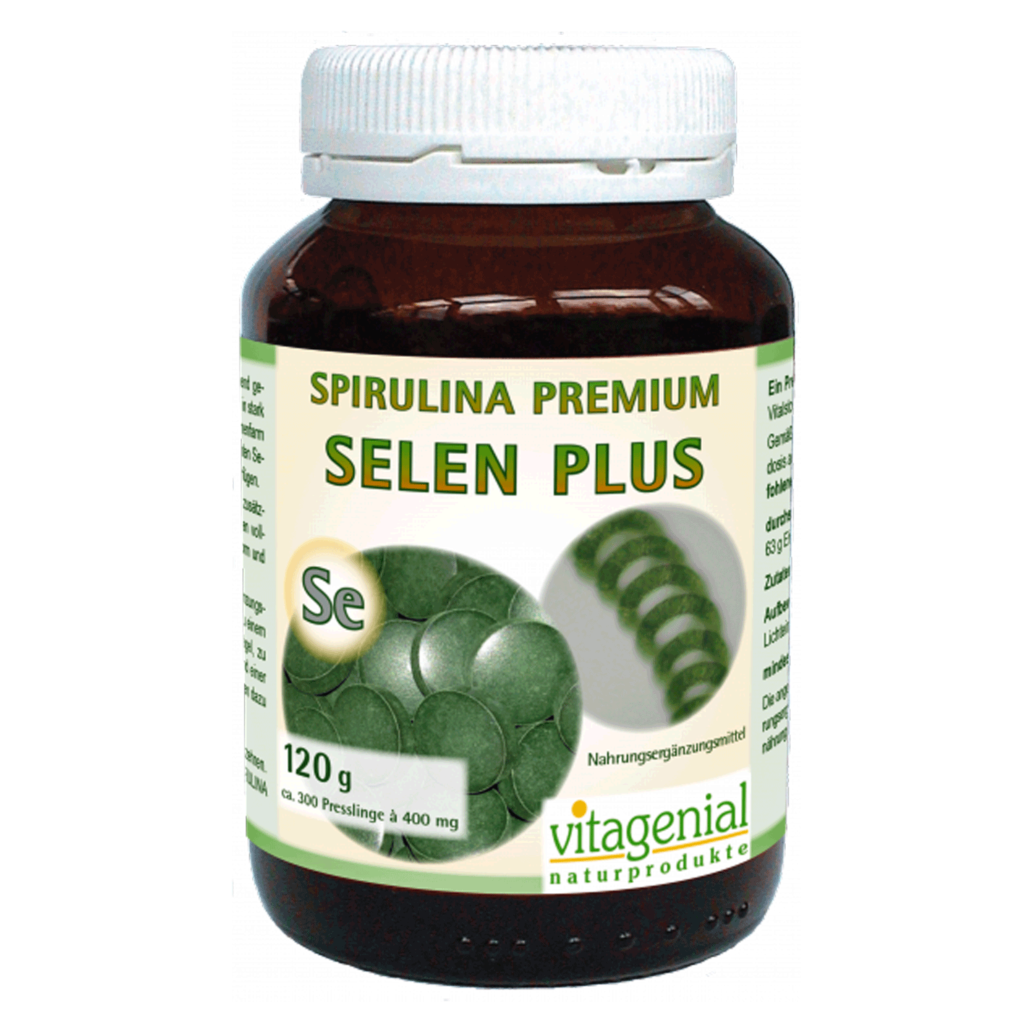 Spirulina Selen Vitagenial 300 Presslinge Vitagenial Spirulina Premium Selen Plus in 120 Gramm Version beinhaltet 300 Presslinge