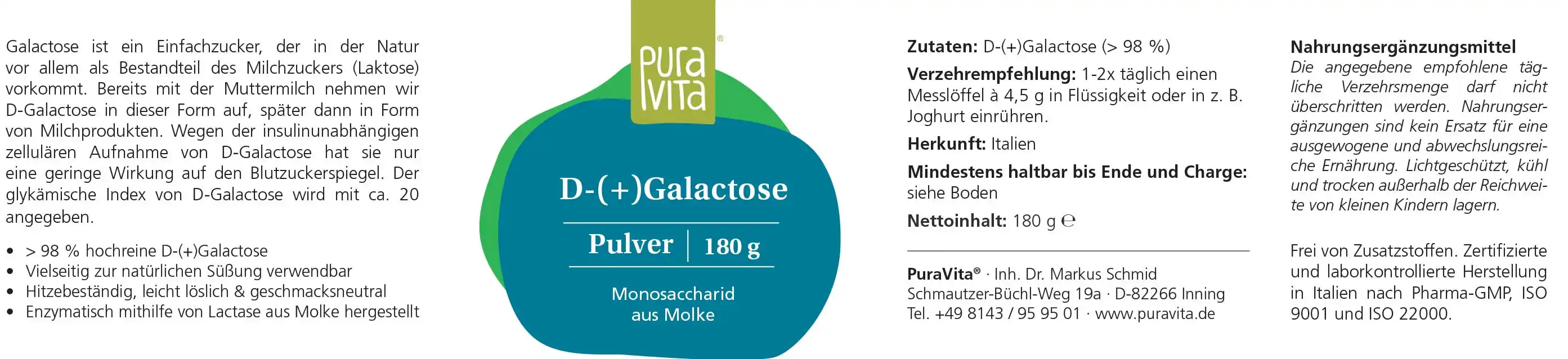 PuraVita D-(+)Galactose, 180 g Pulver Alzheimer EAN: