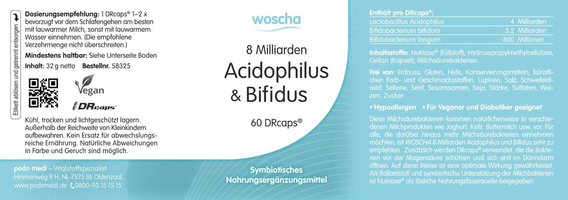 Woscha 8 Milliarden Acidophilus und Bifidus von podo medi beinhaltet 60 Kapseln Etikett