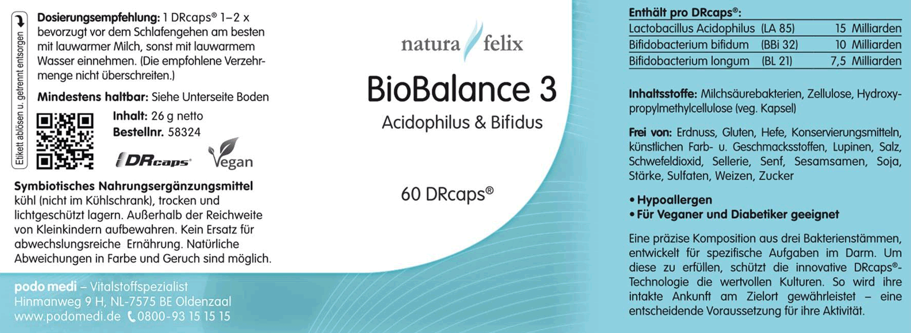 natura felix Biobalance 3 Bifidus von podo medi beinhaltet 60 Kapseln