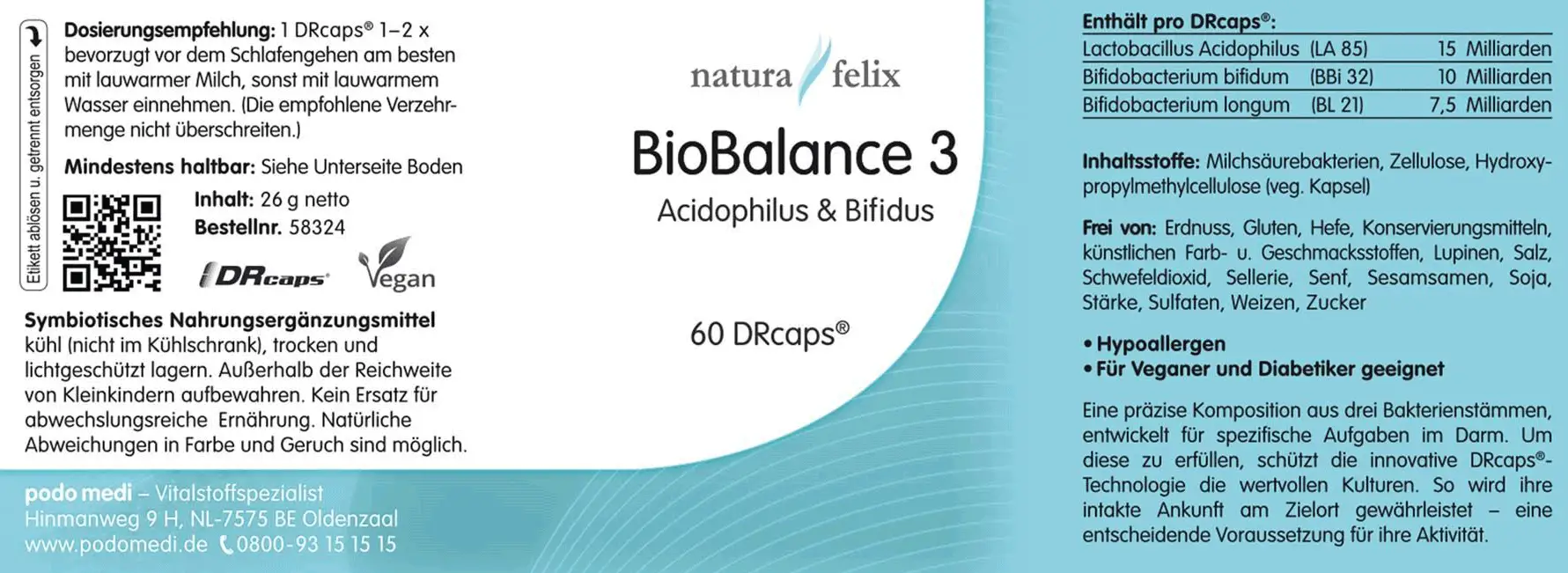 natura felix Biobalance 3 Bifidus von podo medi beinhaltet 60 Kapseln