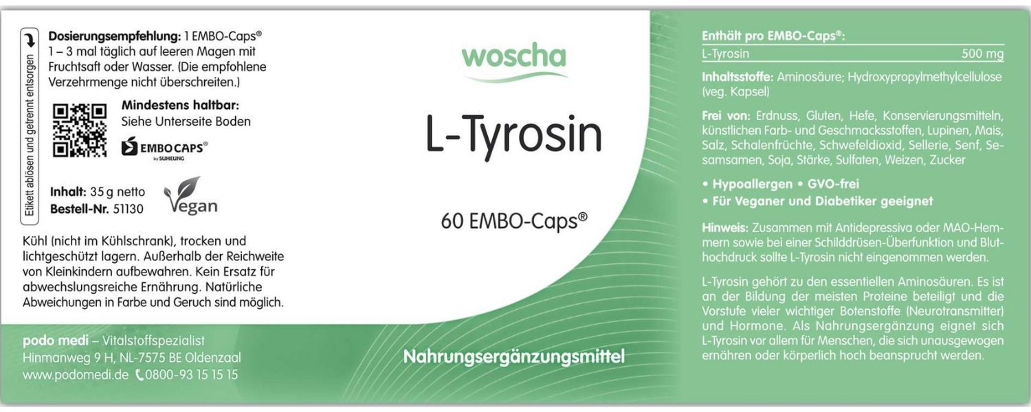 Woscha L-Tyrosin 500 Milligramm von podo medi beinhaltet 60 Kapseln Etikett