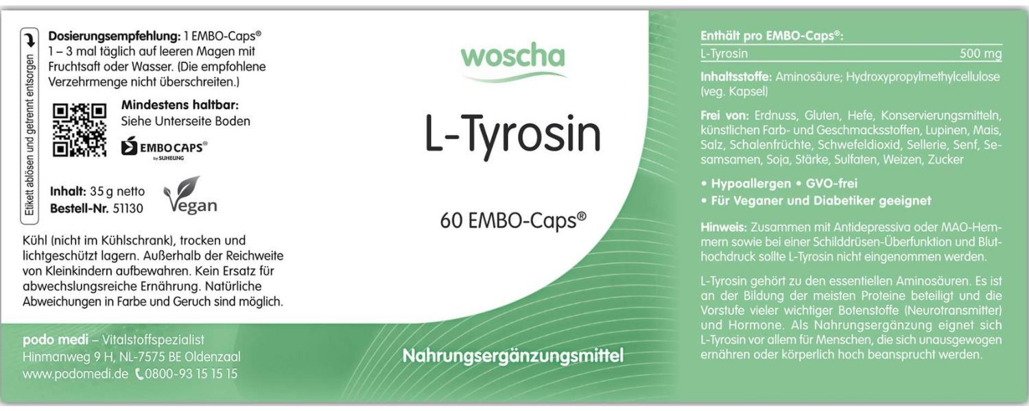Woscha L-Tyrosin 500 mg podo medi 60 Kapseln Etikett Woscha L-Tyrosin 500 Milligramm von podo medi beinhaltet 60 Kapseln Etikett