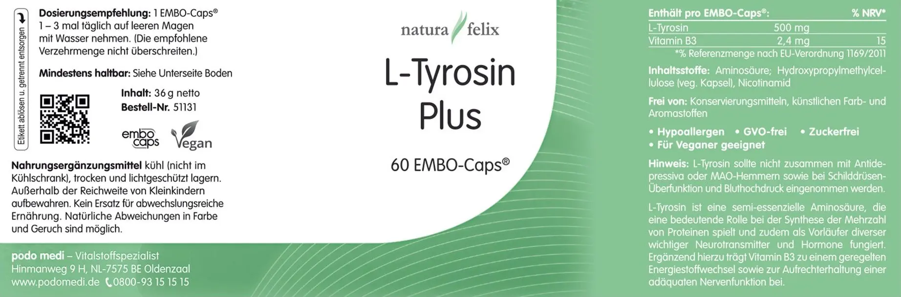 Natura Felix L-Tyrosin 500 mg, 60 Kapseln L-Tyrosin Aminosäuren Tyrosin Aminos EAN: 8717729199572