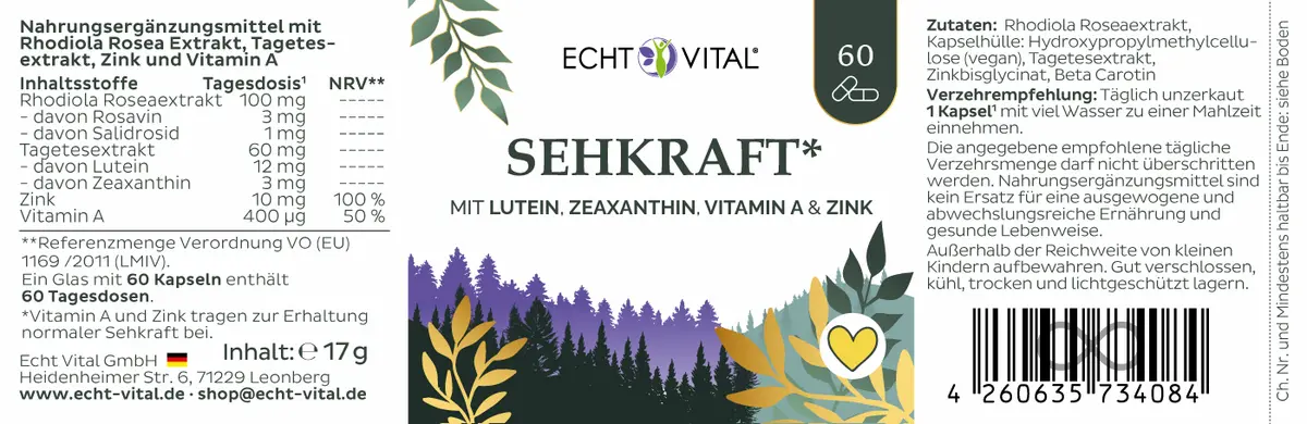 Echt Vital Sehkraft mit Lutein und Rhodiola, 60 Kapseln Sehkraft EAN: 4260635734084