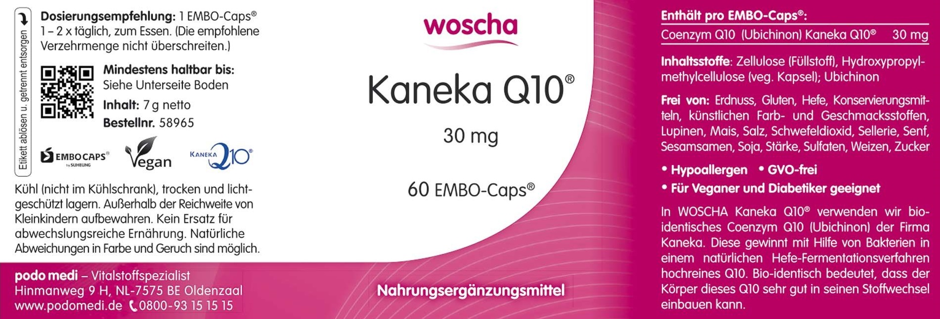 Woscha Kaneka Q10 30 Milligramm von podo medi beinhaltet 60 Kapseln Etikett
