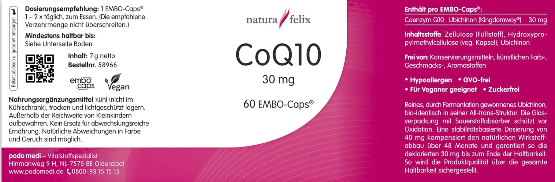 Natura Felix CoQ10 30mg, 60 EMBO-Caps ubichinon EAN: 8717729190319