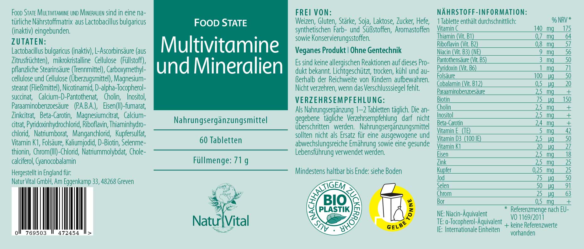 Multivitamine und Mineralien von Natur Vital beinhaltet 60 Tabletten Etikett 