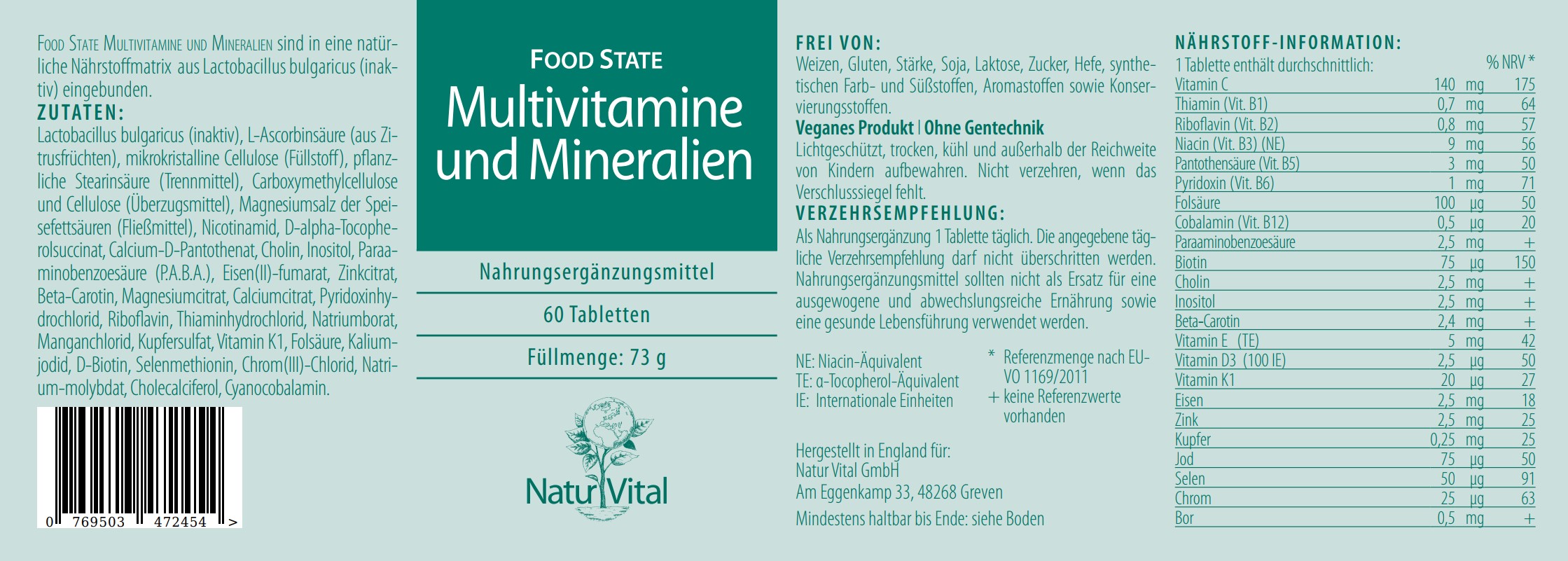 Multivitamine und Mineralien von Natur Vital beinhaltet 60 Tabletten Etikett 