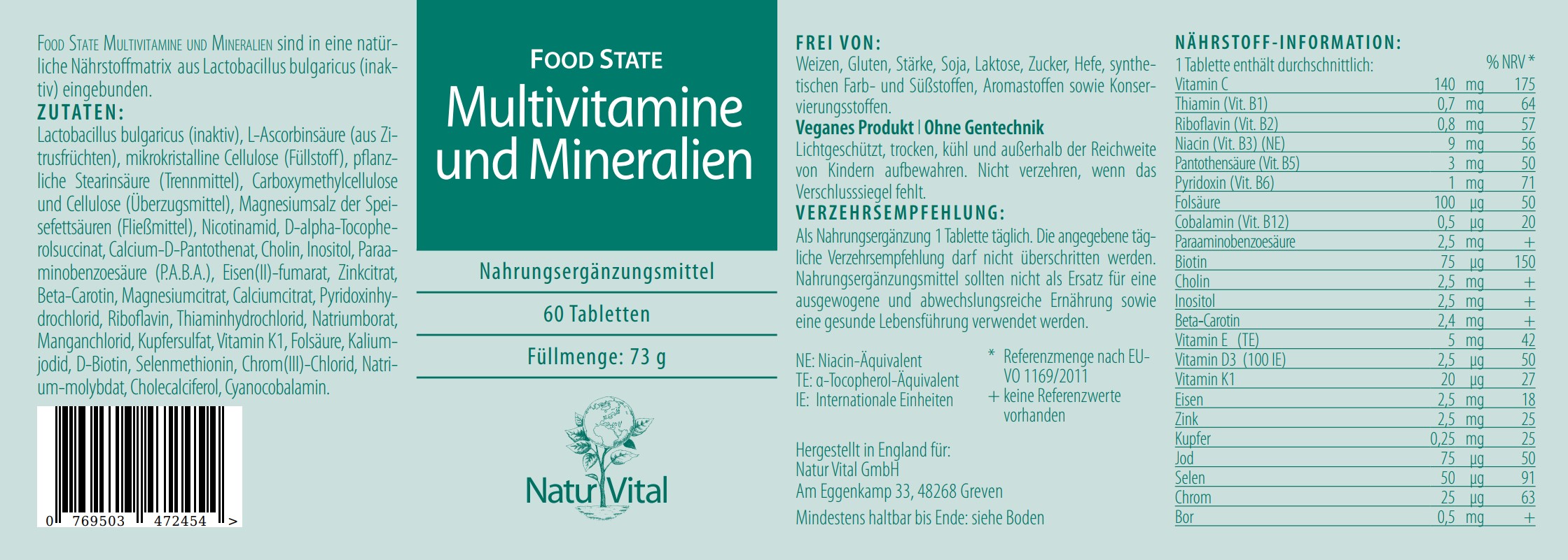 Multivitamine Mineralien Natur Vital 60 Tabletten Etikett Multivitamine und Mineralien von Natur Vital beinhaltet 60 Tabletten Etikett