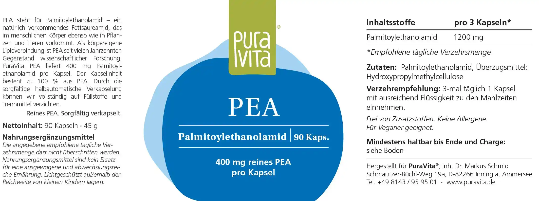 PuraVita PEA 400 mg reines Palmitoylethanolamid 90 Kapseln  EAN: