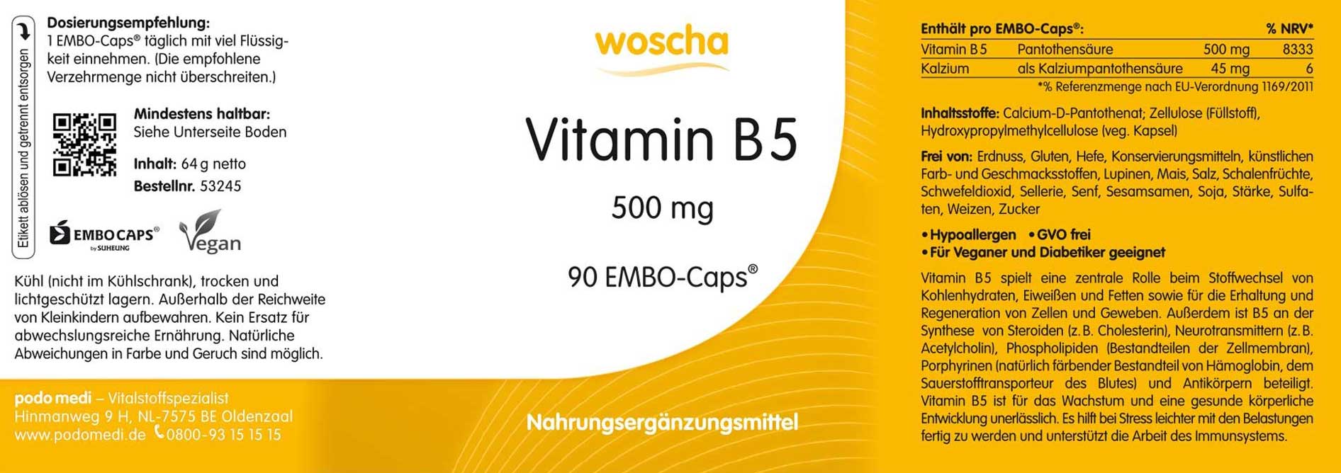 Woscha Vitamin B5 podo medi 90 Kapseln Etikett Woscha Vitamin B5 von podo medi beinhaltet 90 Kapseln Etikett