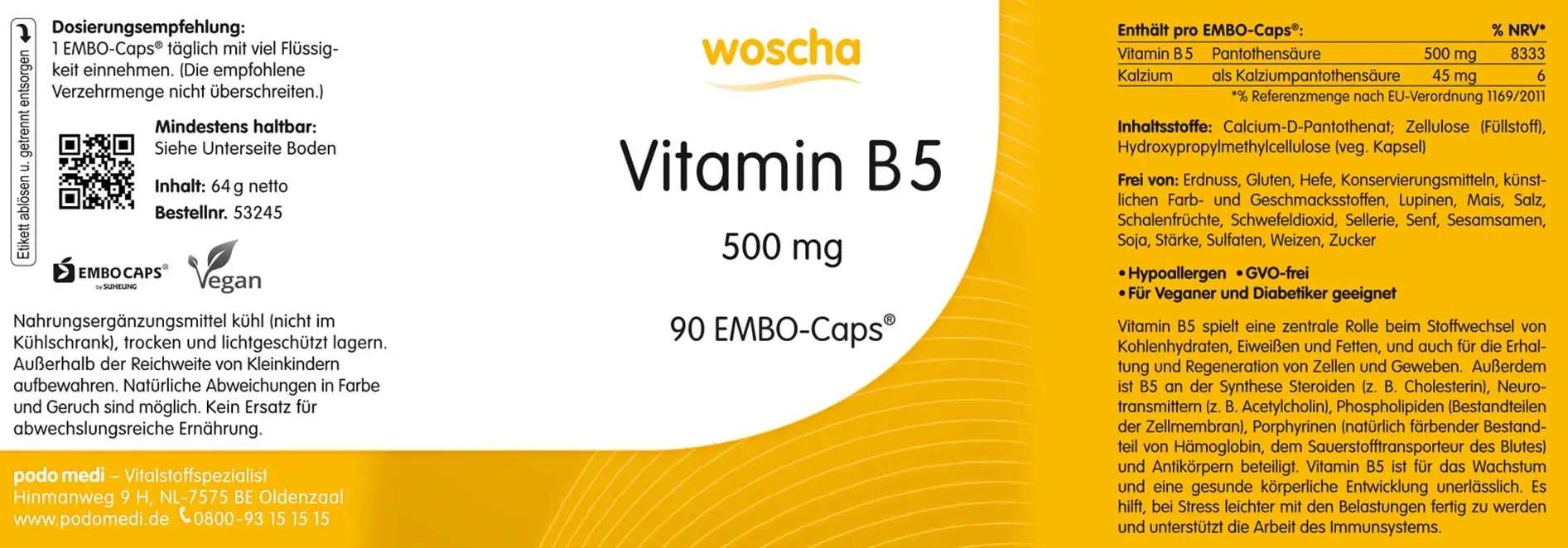 Woscha Vitamin B5 von podo medi beinhaltet 90 Kapseln Etikett